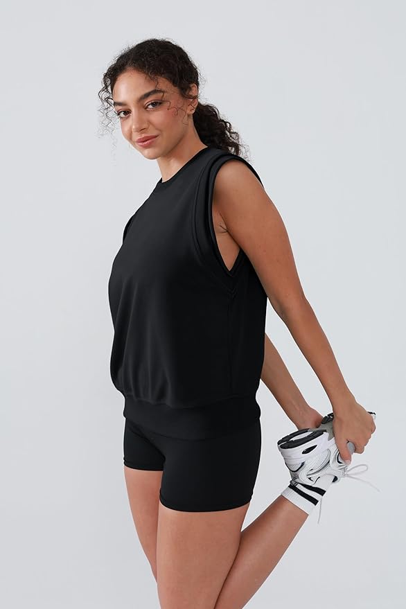 Workout Tank Tops Woman Crew Neck Athletic Tops Cotton Sweatshirt Loose Fit Muscle Tanks Runnning Gym Sports Shirt