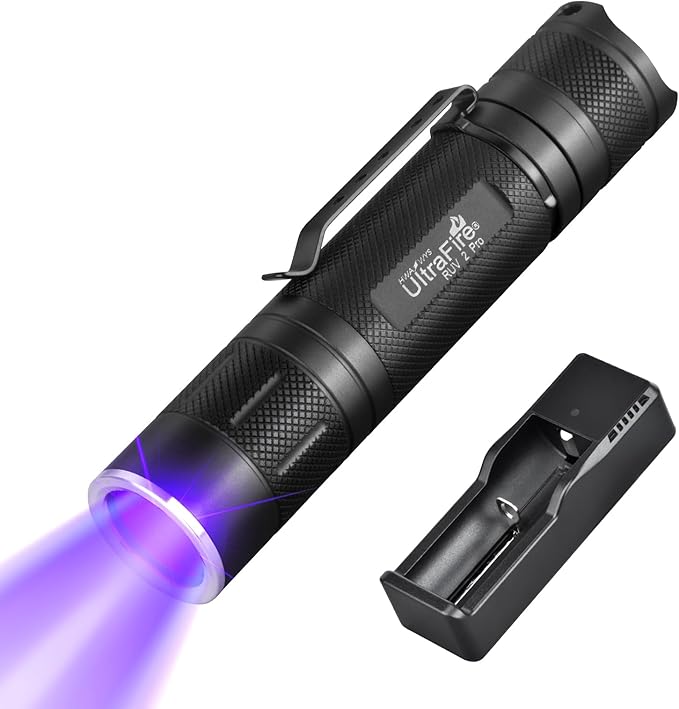 ULTRAFIRE 365nm UV Flashlight, Black Light Flashlight Mini, UV Light Rechargeable Woods Lamp, Blacklight for Pet Urine Detection, Ore, Stains, Leak Detection