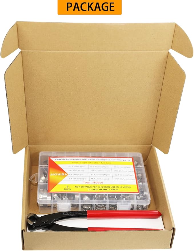 AKIHISA 180 PCS Single Ear Hose Clamps, 12 Sizes 5.3-33.1mm Crimp Hose Clamps with Ear Clamps Pincer, 304 Stainless Steel Crimp Pinch Fitting Tools Kit