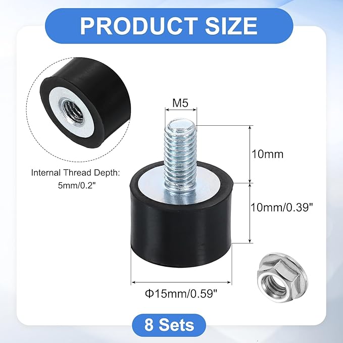 uxcell M5 Rubber Mounts, 8Pcs 15x10mm(DxH) Rubber Cylindrical Anti Vibration Isolator Shock Absorber with Lock Nut for Car Bobbin Generator Air Compressors