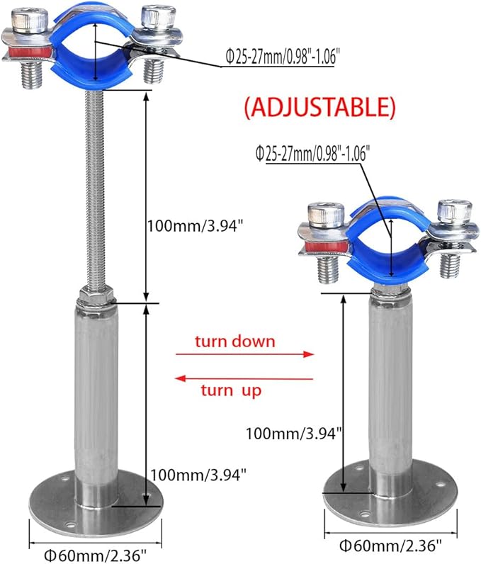 Wall Mount Ceiling Mount Pipe Supports,Adjustable Pipe Clamps、Hangers、 Stainless Steel 304,2PCS Suitable for Pipe OD 25-27mm Adjustable Height 100-200mm