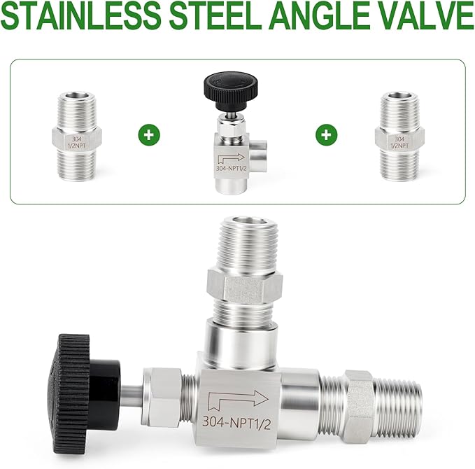TAISHER 1PCS 304 Stainless Steel 90 Degree Needle Valve 1/2" Female NPT For Flow Control Water Gas Oil With Nipple