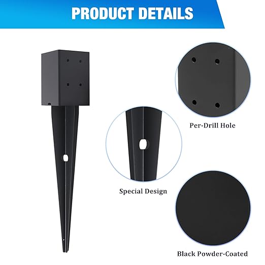 1 Pcs 4"x4" Fence Post Anchor Ground Spike 22"(Actual 3.6"x3.6") Heavy Duty Metal Fence Post Anchor with Black Powder-Coated for Deck,Fence,Porch,Railing,Mailbox