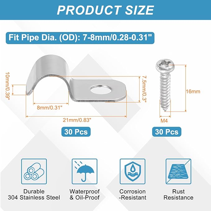 uxcell 30Pcs 7-8mm(1/4-5/16") One Hole Rigid Pipe Strap, 304 Stainless Steel Conduit Clamp Thicken U Bracket Heavy Duty Pipe Clamp with Self-Tapping Screws for Fixing Tube Cable, Silver