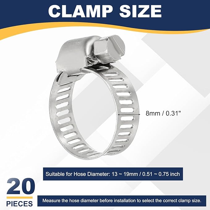 PATIKIL 20 Pcs Adjustable Hose Clamps,1/2"-3/4" (13mm-19mm) 304 Stainless Steel Worm Gear Drive Duct Pipe Clamp for Plumbing Automotive Mechanical Hose Connections, Silver