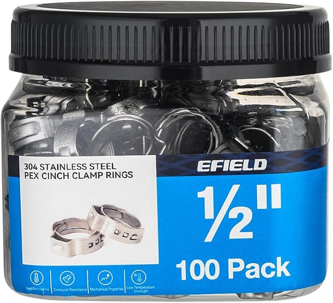 100-Pack EFIELD 1/2-inch Stainless Steel Pex Cinch Clamp Rings for Pex Tubing Pipes,(CLAMP017)