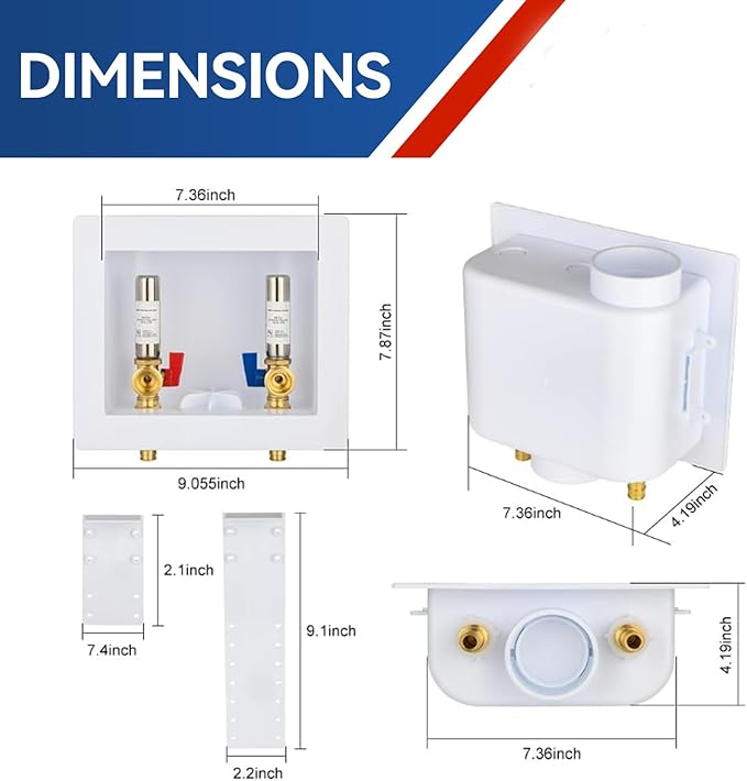 Washing Machine Outlet Box with Water Hammer Arrestor,1/2" PEX-A F1960 Expansion Fitting Connection x 3/4" MHT Connection Laundry Outlet Boxes,Washer Plumbing PEX Fitting Box with Center Drain