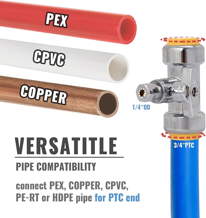 SUNGATOR 3/4 x 3/4 x 1/4 Inch Compression Tee Stop Valve, 1/4 Turn, No Lead Brass Push to Connect Plumbing Fitting for PEX Pipe, Copper, CPVC, with 1 Disconnect Clip and 1 Sealing Tape