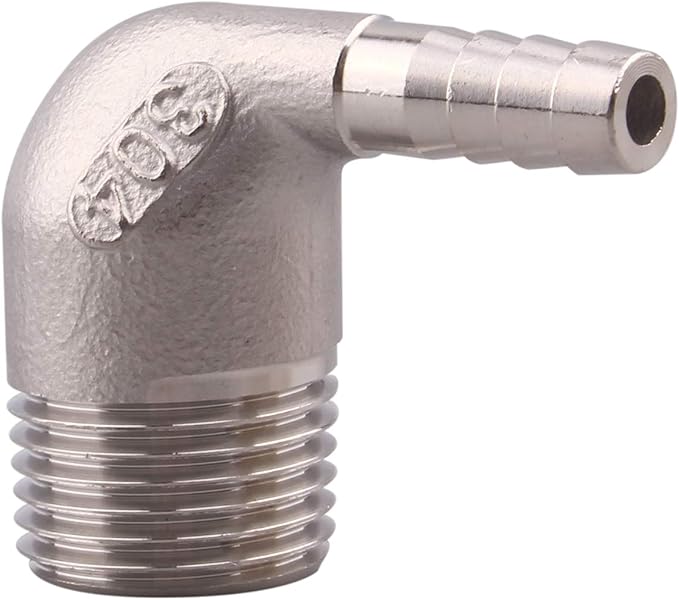DERNORD 5/16" Hose Barb x 1/2" Male NPT Stainless Steel 90 Degree Elbow- Home Brew Pipe Fitting