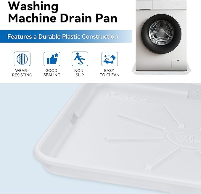 Washing Machine Drain Pan, Features a Heavy Durable Plastic Construction,Protects Floors from Leaksf,Size 30X32 Including 1" Drain Fittings(White)