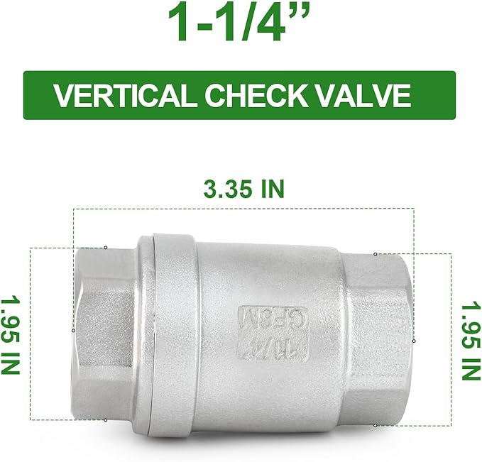 TAISHER 1PCS 304 Stainless Steel 1-1/4" Female Vertical Check Valve，Backflow Prevention, One Way Spring Check Valves CF8 WOG 1000