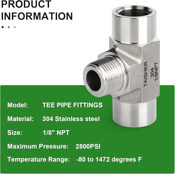 TAISHER 2PCS Forging of 304 Stainless Steel Tee Pipe Fittings, 1/8" NPT Female x 1/8" NPT Male x 1/8" NPT Female Pipe Fittings, Male Branch Tee
