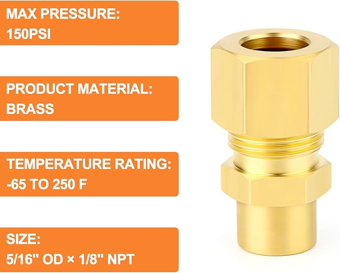 GASHER 10PCS Brass Compression Union Tube Pipe Fitting Connector, 5/16" Tube OD x 1/8" NPT Female Connector