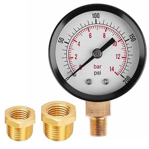 Pressure Gauge 0-200PSI 1-1/2" Dial Stainless Steel Case 1/8" NPT Male Brass Bottom Mount Include 1/2" NPT and 3/8" NPT Connector Universal Multifunctional