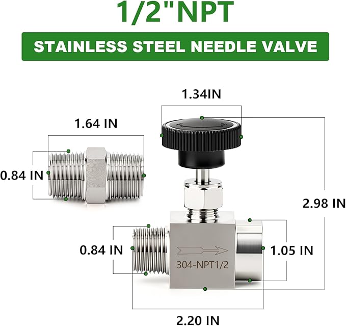 TAISHER 1PCS 304 Stainless Steel Straight Needle Valve 1/2" NPT Male x 1/2" NPT Female For Flow Control Water Gas Oil With Nipple
