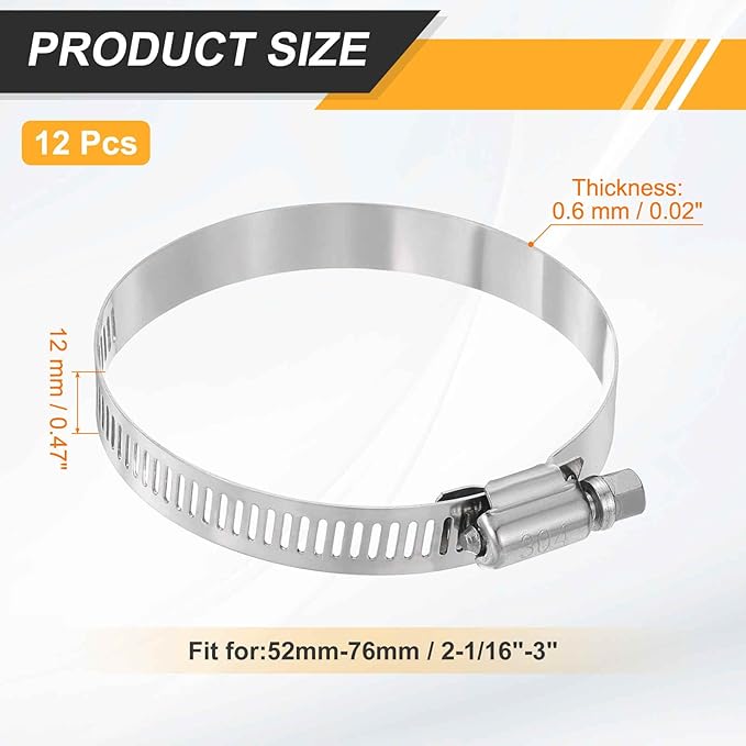 HARFINGTON 12 Pcs Hose Clamp 2-1/16"-3" (52-76mm) 304 Stainless Steel Adjustable Worm Gear Hose Clamp with Phillips Screw Assortment Kit for Fuel Line Pipe Plumbing Automotive Tube
