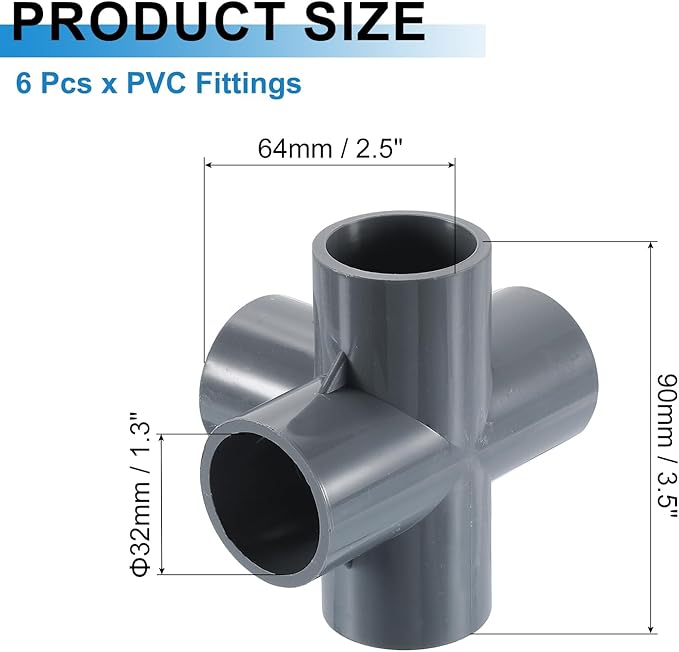 uxcell 1" PVC Fittings, 4 Pcs 5 Way Elbow Connector Elbow PVC Furniture Fittings Corner Fitting for Water Supplies PVC Furniture DIY Shelf Greenhouse Tent Connection, Grey