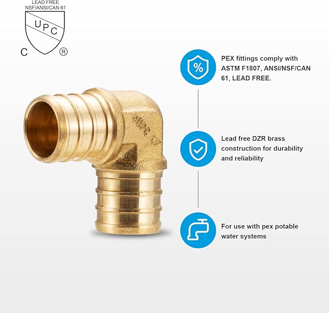 WMAXPFIT(15 Pack) 3/4 Inch PEX 90 Degree Elbow F1807, LF Brass crimp fitting for PEX-b pipe
