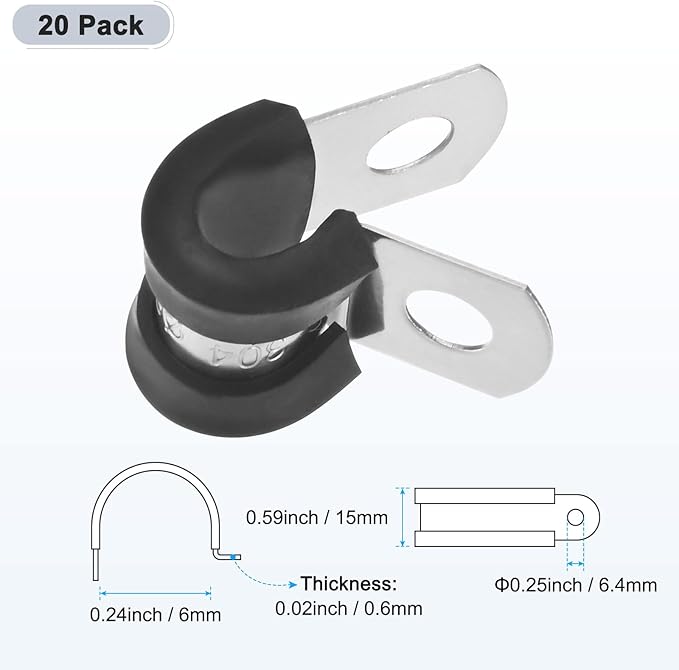 20-Pack Cable Clamps, 15/64 Inch/ 6 mm 304 Stainless Steel Rubber Cushioned Insulated Cable Clamp R Shape Metal Holder for Tube/Wire/Pipe/Loop Installation