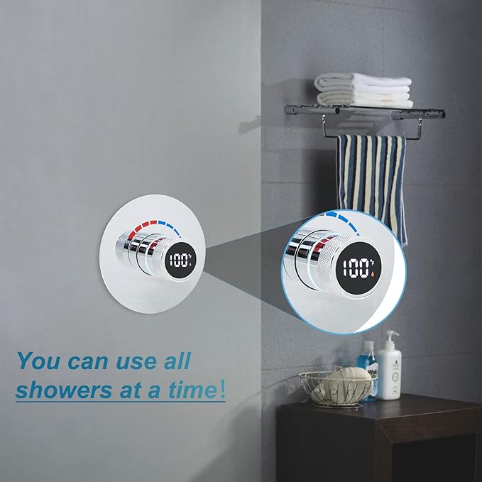 Round Digital Display Shower Valve Shower Diverter Single Way Shower Mixing Valve Concealed Installation in Wall for Bathroom Polished Chrome