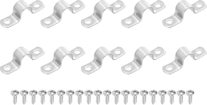 uxcell 10Pcs 14mm(9/16") Two Hole Rigid Pipe Strap, 304 Stainless Steel Conduit Clamp Thicken U Bracket Heavy Duty Pipe Clamp with Self-Tapping Screws for Fixing Tube Cable, Silver