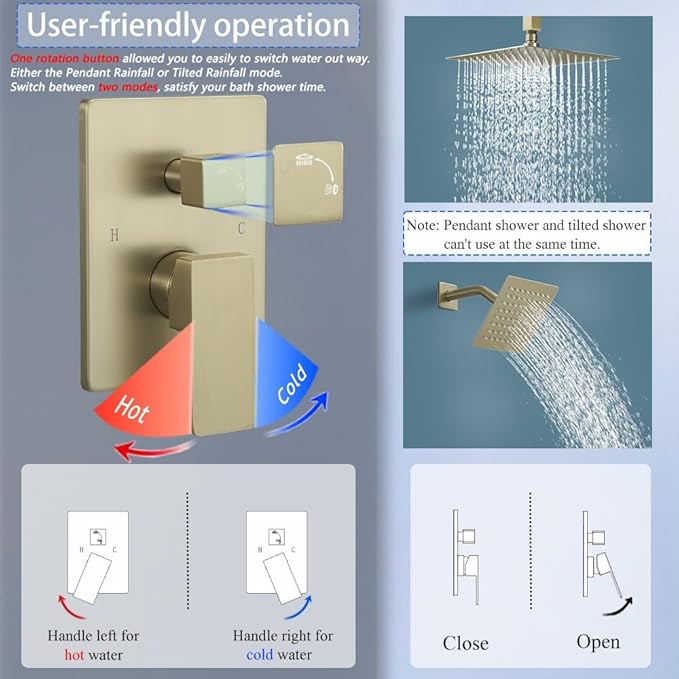Shower Faucet Set Brushed Gold Shower System, Ceiling Mount 10 Inch Shower Head with 6 Inch Wall Mount Shower Head, Knob Switch Diverter Shower Faucet, Rough-in Valve Body and Trim Included