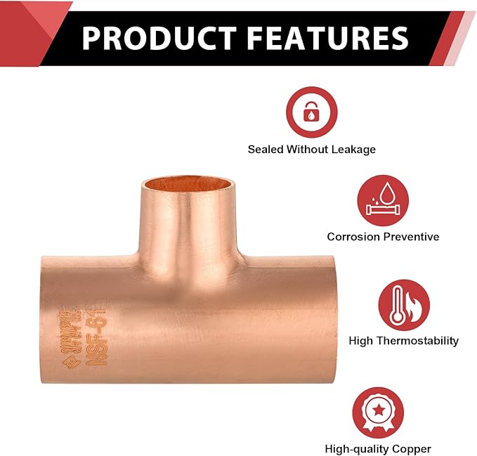 10-Pack EFIELD 3/4" X 3/4" X1/2" C X CX C Copper Reducing Tee, LF Copper Plumbing Fittings with Sweat Solder Connection (3/4"x3/4"x1/2"),(COPPER012)