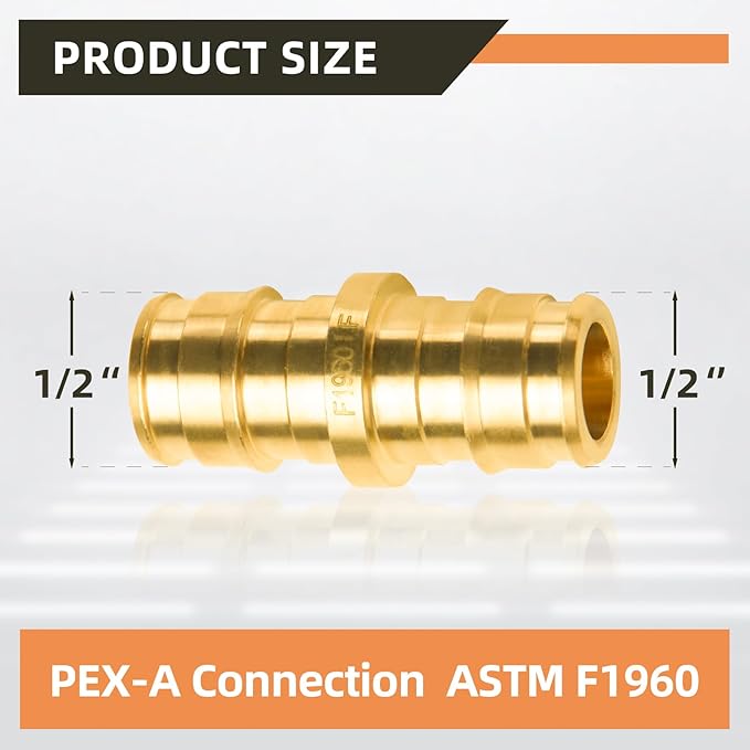 10-Pack YVSKM 1/2" PEX-A Straight Coupling Expansion Fitting, Lead-Free Brass Full Flow Connector, ASTM F1960 & cUPC Certified for Residential Hot & Cold Water and Radiant Heating Systems