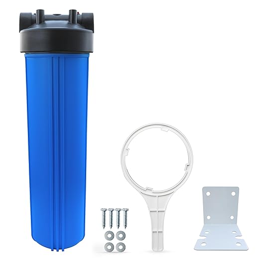 Whole House Water Filter Housing, 20" x 4.5" - Fits Sediment, Carbon or GAC Filters for Well or City Water, 1" NPT Ports, Pressure Release, Wall Mount & Wrench