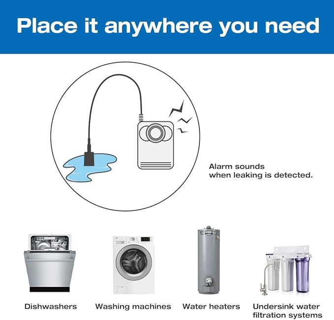 iSpring WD01 Wired Water Leak Detector with 46" Sensor Cable, 110dB Alarm, Leak Alert System for Home, Basement, Sink, Water Heater, Laundry, and RO Filters