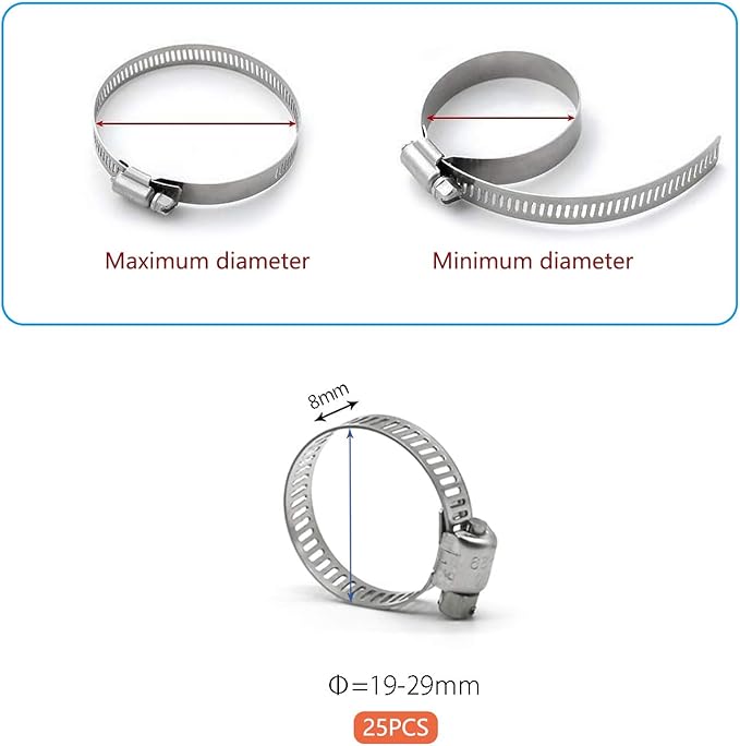 Hose Clamp, 1 Inch Stainless Steel Worm Gear fuel line hose clamps, 19-29mm (25pack)