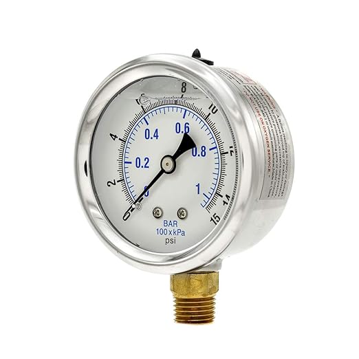 PIC Gauges PRO-201L-254B Bottom Mount Glycerin Filled Dual Scale Pressure Gauge w/ SS Case/Bezel, Brass Internals, Plastic Lens, 2.5" Dial, 0-15 psi Range, 1/4" Male NPT