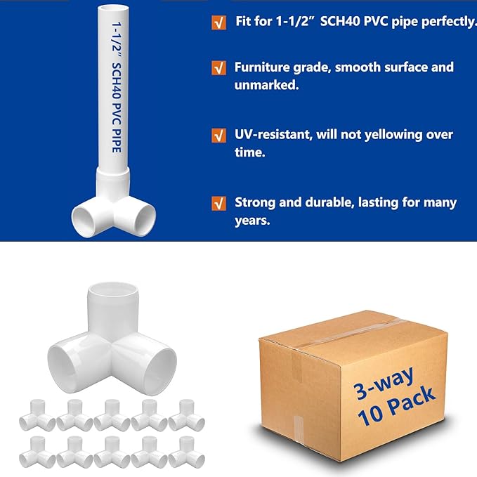 1-1/2" PVC Fittings 3 Way (10-Pack) Furniture Grade, Elbow Connector, Heavy Duty for DIY Furniture, Frames, UV Resistant - Compatible with 1-1/2" Schedule 40 PVC Pipes‌