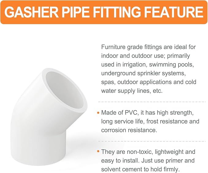 GASHER 5PCS PVC Pipe Fitting 1-1/4" PVC 45 Degree Elbow, Furniture Grade Pipe Socket Fittings, For Home or Industrial