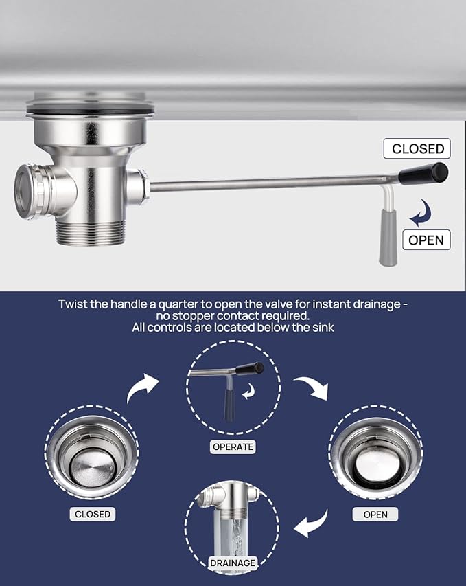 3-1/2" Commercial Sink Drain with Twist Lever Handle, Waste Drain Valve with Overflow Inlet for Restaurant 2/3 Compartment Sink, Easy Controll, Block-Free and Leakproof