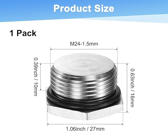 2-Pack Outer Hex Head Thread Pipe Plug Fitting, M24x1.5mm Male 304 Stainless Steel Solid Thread Bung Plug with Sealing Ring for Terminating Pipe Ends