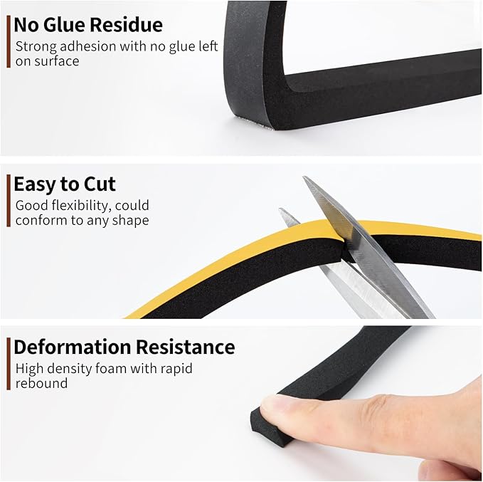 Yotache Foam Tape Weather Stripping for Door 2 Rolls 1/2" W X 3/8" T (New Adhesive Craft), High Density Closed Cell Adhesive Weather Seal Strip Black, 13 Ft Length (2 X 6.5 Ft Each)