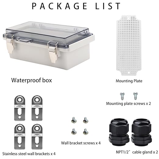 Waterproof Electrical Box with Mounting Plate, IP67 Junction Box Stainless Steel Latch Hinged Clear Cover Project Enclosure with Wall Bracket and 2 Glands 10.2" x 4.3" x 3"