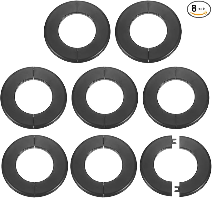 HARFINGTON 8pcs Wall Split Flange 78mm/3.1" Self-Adhesive Plumbing Cover Plates ABS Plastic Round Escutcheon Plate Buckle Design for Water Pipe Bathroom Kitchen Decoration, Black