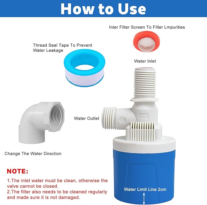 1/2" Water Float Valve Inside Type, 2 PCS 1/2 Inch Top Inlet Automatic Water Level Control Valve Uesd for Water Tank, Swimming Pools, Livestock Tanks, Aquaculture, Aquariums