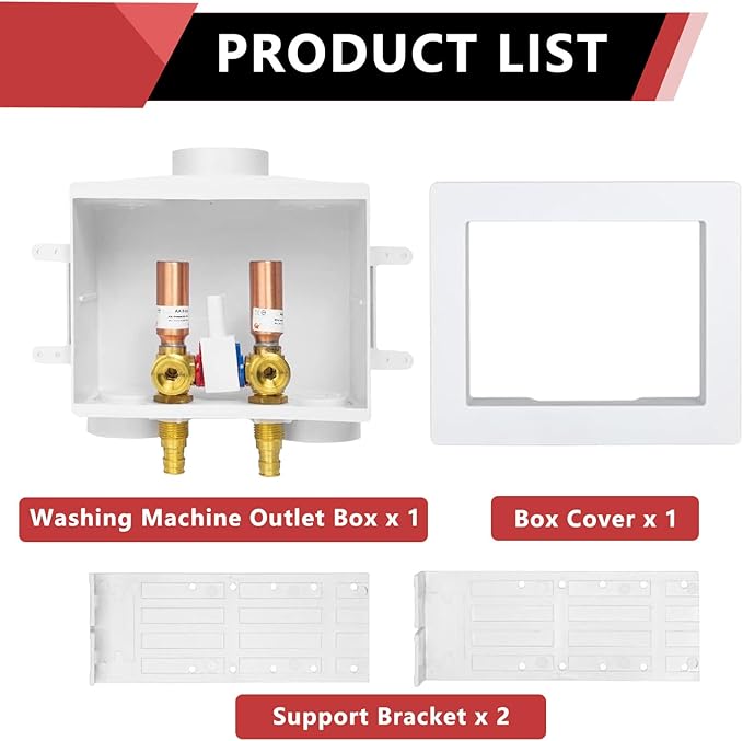 EFIELD Double Drain Washing Machine Outlet Box, 1/2-inch Expansion Pex-A F1960 Inlet, Single Control Valve, Water Hammer Arrestor (Copper),(WM018)