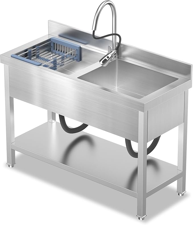 46.9Inch Stainless Steel Utility Sink 2-Compartment Commercial Sink with Pull-out Faucet, Free Standing Double Bowl Kitchen Sink for Restaurant, Garage, Shop, Cafe