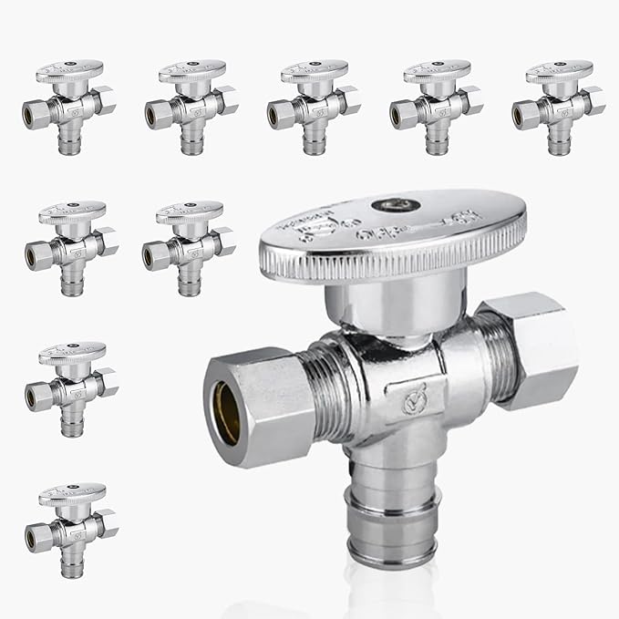 10-Pack GUOFIS PEX-A Angle Stop Valve with Dual Compression Outlet,1/2" PEX-A Expansion Inlet x (3/8" x 3/8") Outlet Shut-off Valves(1/4 Turn,Chrome)(VALVE128-10Pack)