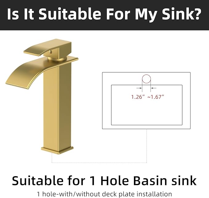 Rywuanku Tall Brushed Gold Bathroom Faucet Waterfall Spout, Single Handle Sink Faucet with Pop-up Drain & Deck Plate, Modern 1 Hole Vanity Faucet for Vessel Sink