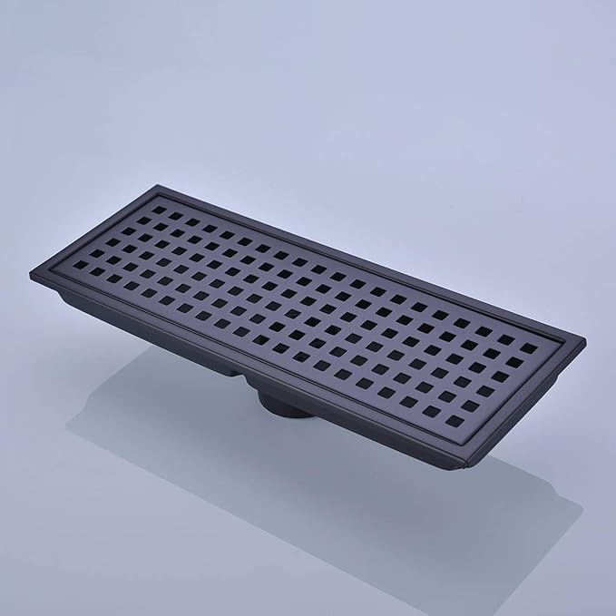 Linear Shower Floor Drain with Removable Cover Grid Grate 12 inch Long Rectangle, SUS 304 Stainless Steel Matte Black Plated Finish