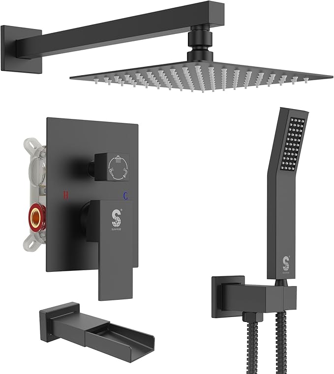 SR SUN RISE 12 Inches Bathtub Shower Faucet Set All Metal Shower System with Tub Spout 1.8GPM Square Shower Head and Handheld Sprayer Shower Fixtures, Modern Valve and Trim Kit, Matte Black