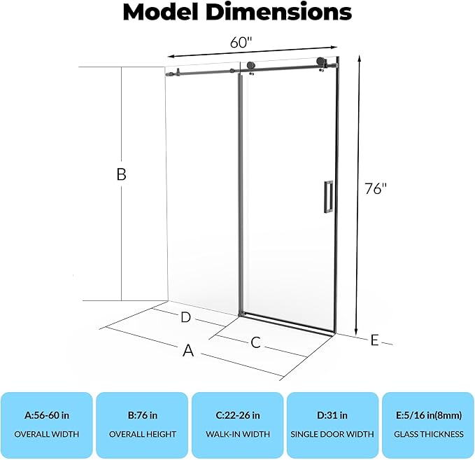 Frameless Sliding Shower Door - 56 to 60 Inch Adjustable Width x 76 Inch Height, 8mm Tempered Glass with Soft Close & Easy-Clean Coating, Stainless Steel Round Rail & 55 Rollers, Matte Black Finish