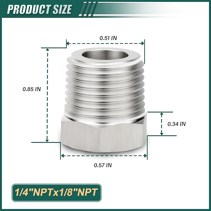 5PCS 304 Stainless Steel Reducer Hex Bushing, 1/4" NPT Male x 1/8" NPT Female, Reducing Pipe Adapter Fitting, for Air/Fuel/Water/Gas/Oil