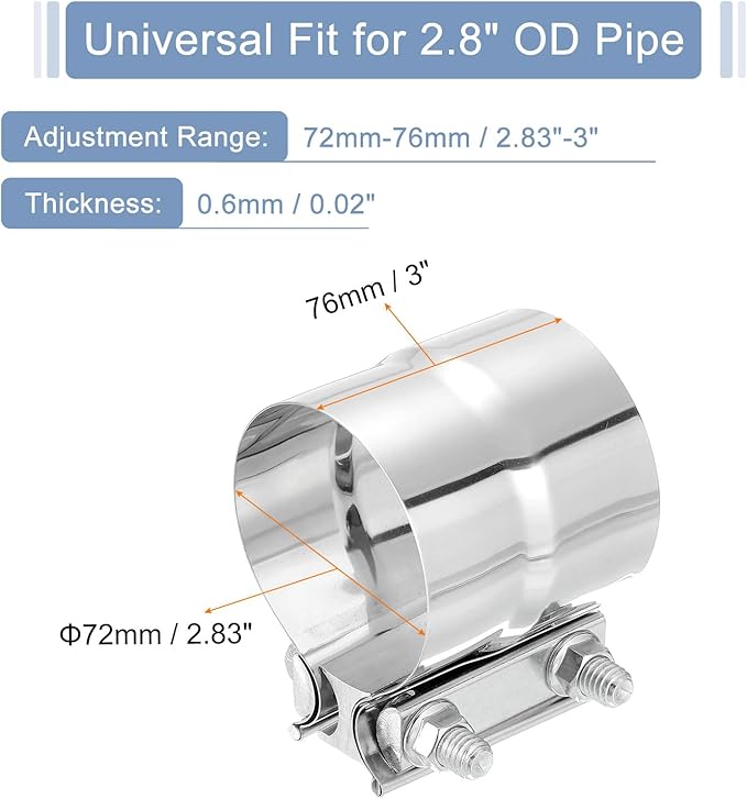 uxcell 2.8 Inch Exhaust Clamp, 304 Stainless Steel Butt Joint Band Clamp Sleeve Coupler Pipe Repair Clamp Universal Widening Clamp for Exhaust Pipes Mufflers, Silver