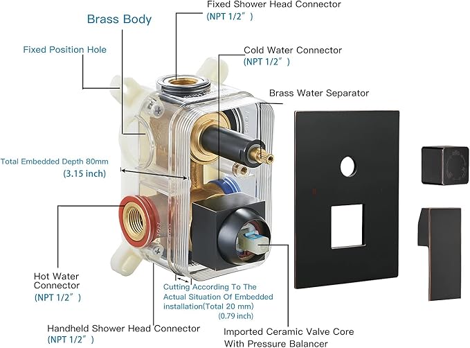 BWE 12 Inch Oill Rubbed Bronze Shower System Faucet Waterfall Tub Complete with Spout Set Square Luxury Rain Mixer Pressure Balancing 3-Function Wall Mount Rainfall Rough-in Valve Body and Trim